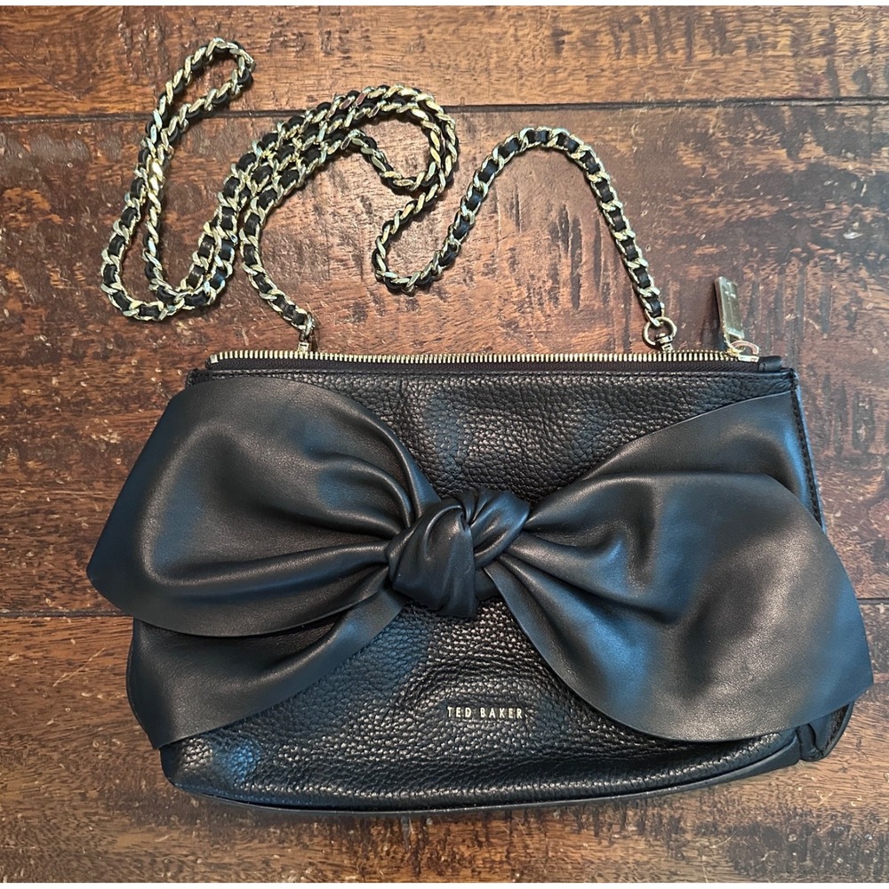 Ted Baker Black Leather Bow Crossbody Bag Chain Strap Shoulder Purse 12"